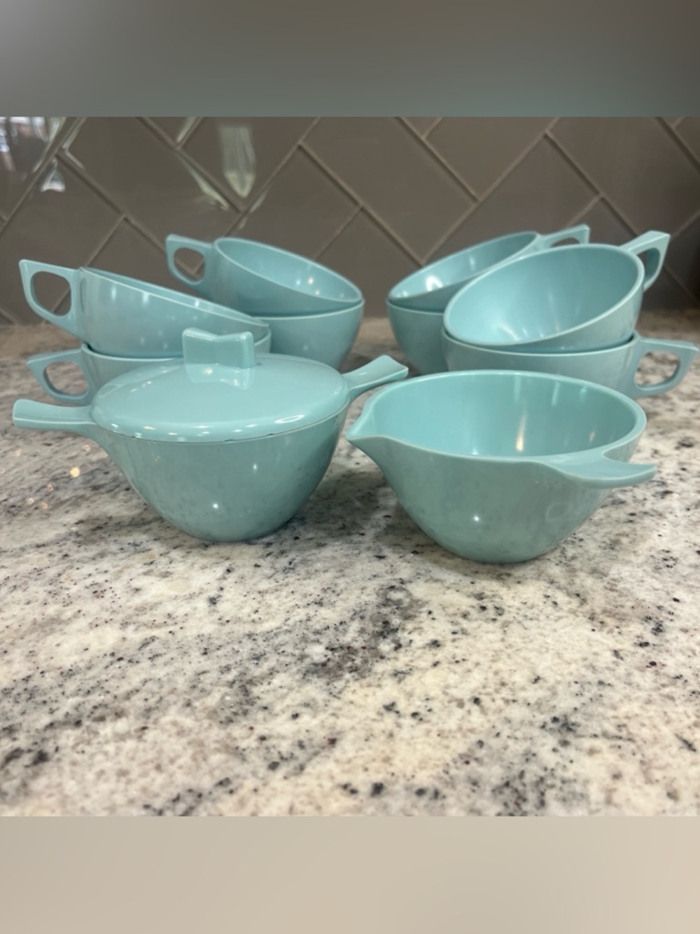 Vintage Stetson Melmac Mugs, Creamer and Sugar Bowl Set - Robin's Egg Blue 11 Pc